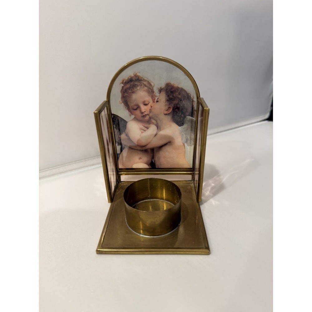 Vintage Enesco Cherub Angel Brass Glass Votive Candle Holder Made Mexico 4.5" - Picture 2 of 7